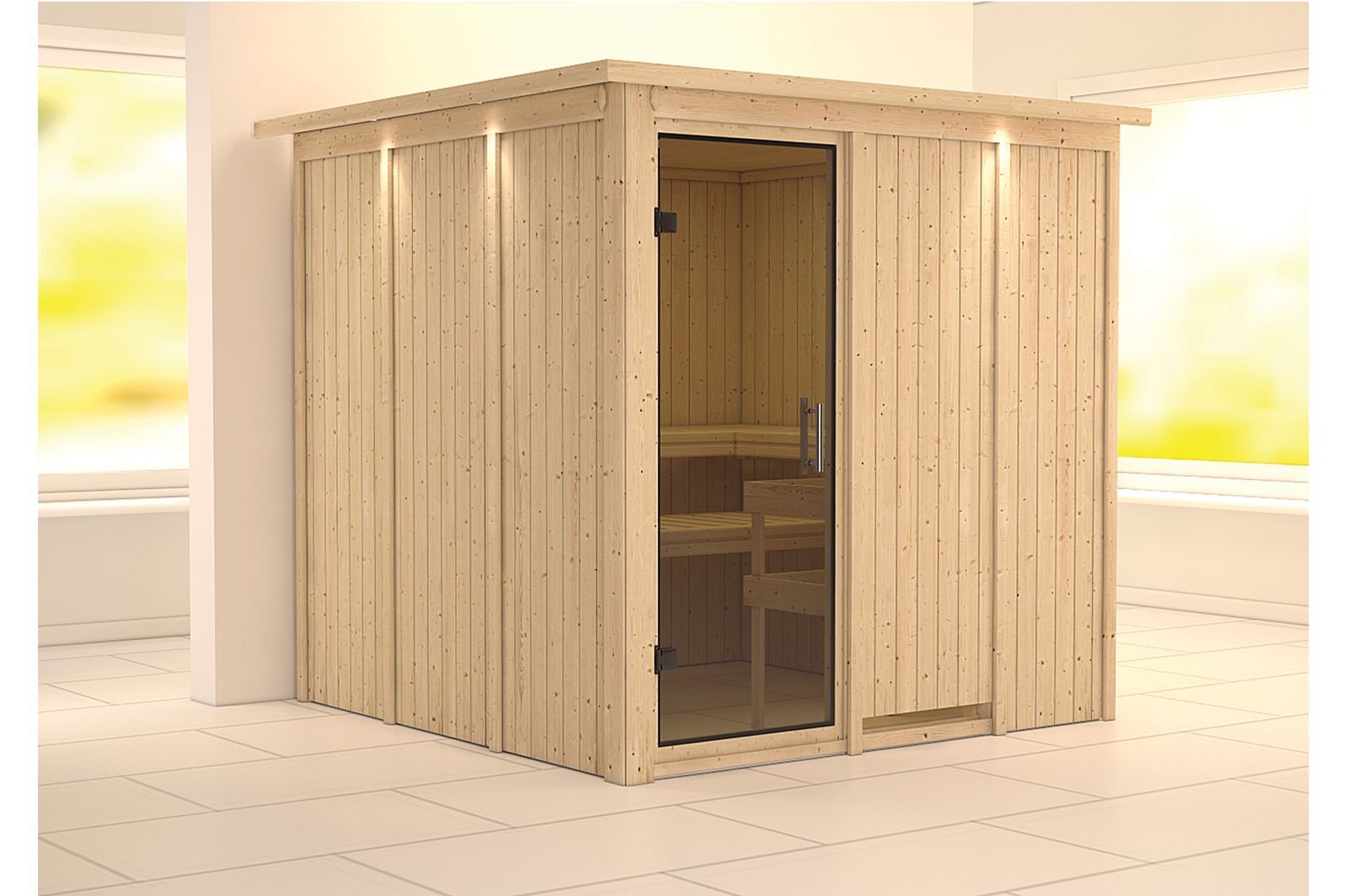 KARIBU Systemsauna Rodin, Fichtenholz 68mm, Fronteinstieg, ca. 3,8m²