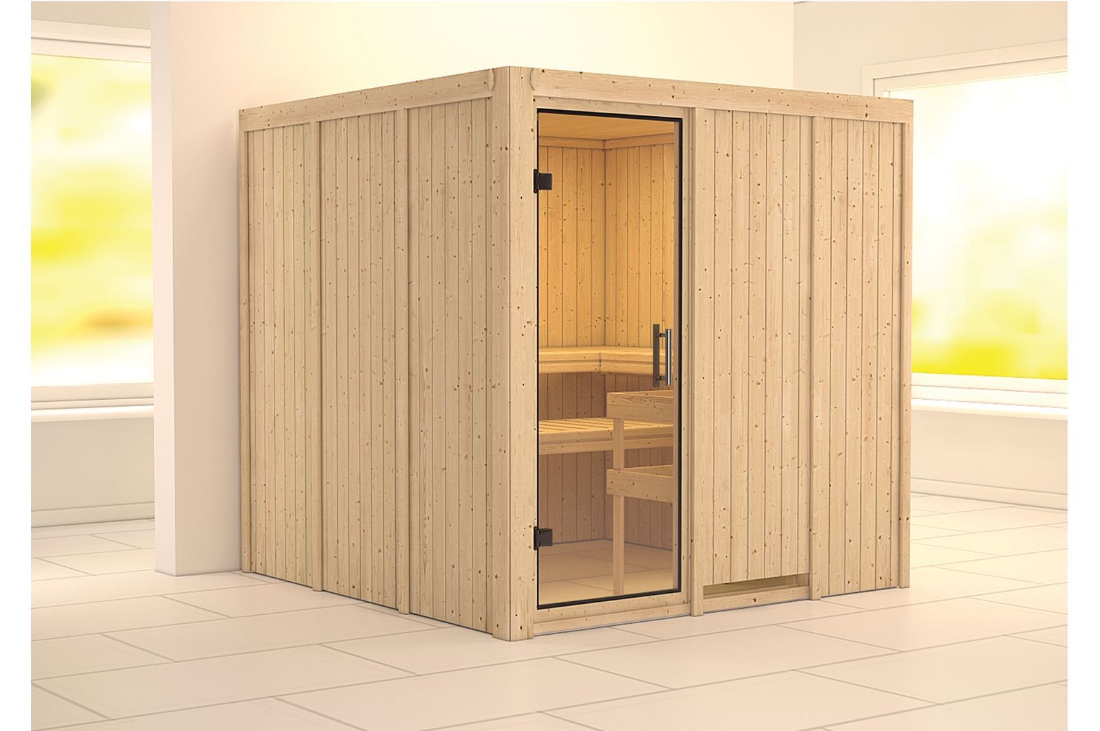 KARIBU Systemsauna Rodin, Fichtenholz 68mm, Fronteinstieg, ca. 3,8m²