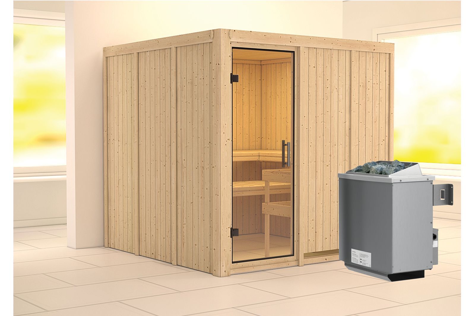 KARIBU Systemsauna Rodin, Fichtenholz 68mm, Fronteinstieg, ca. 3,8m²