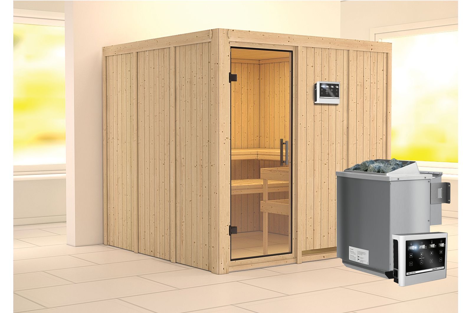 KARIBU Systemsauna Rodin, Fichtenholz 68mm, Fronteinstieg, ca. 3,8m²