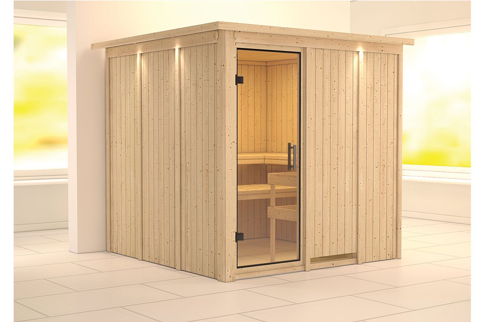 KARIBU Systemsauna Rodin, Fichtenholz 68mm, Fronteinstieg, ca. 3,8m²