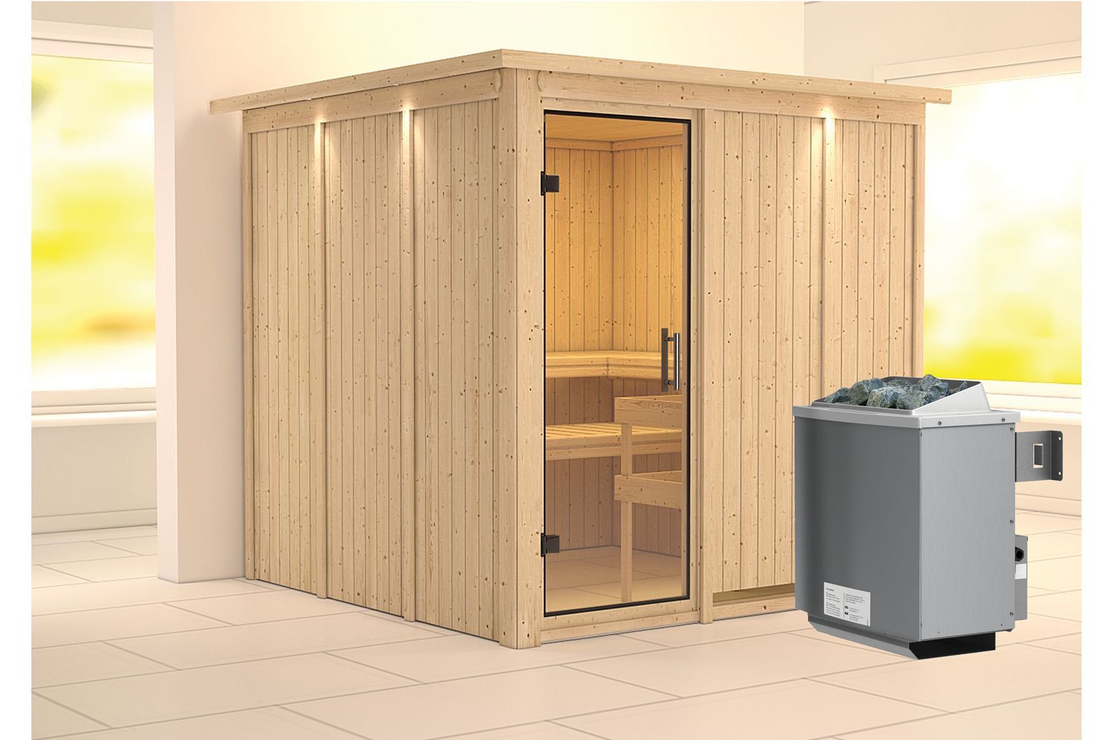 KARIBU Systemsauna Rodin, Fichtenholz 68mm, Fronteinstieg, ca. 3,8m²