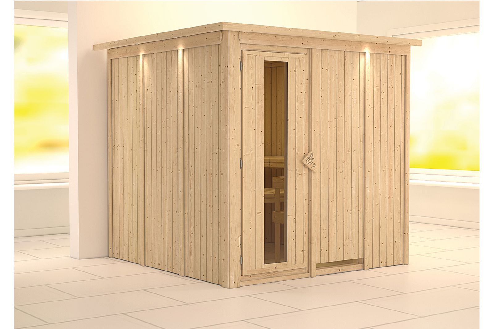 KARIBU Systemsauna Rodin, Fichtenholz 68mm, Fronteinstieg, ca. 3,8m²