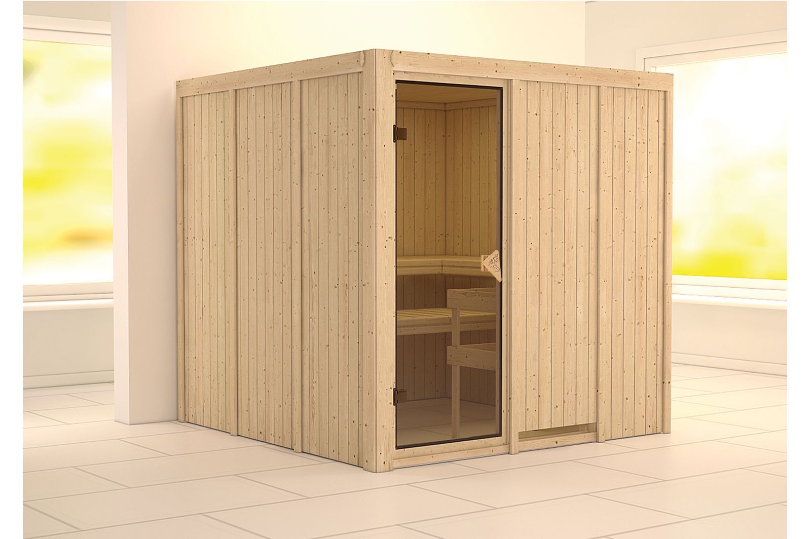 KARIBU Systemsauna Rodin, Fichtenholz 68mm, Fronteinstieg, ca. 3,8m²