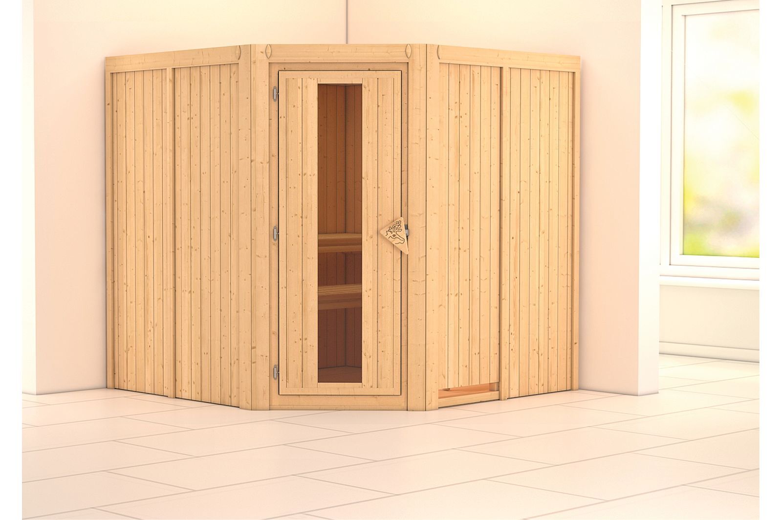 KARIBU Systemsauna Jarin, Fichtenholz 68mm, Eckeinstieg, ca. 3,4m²