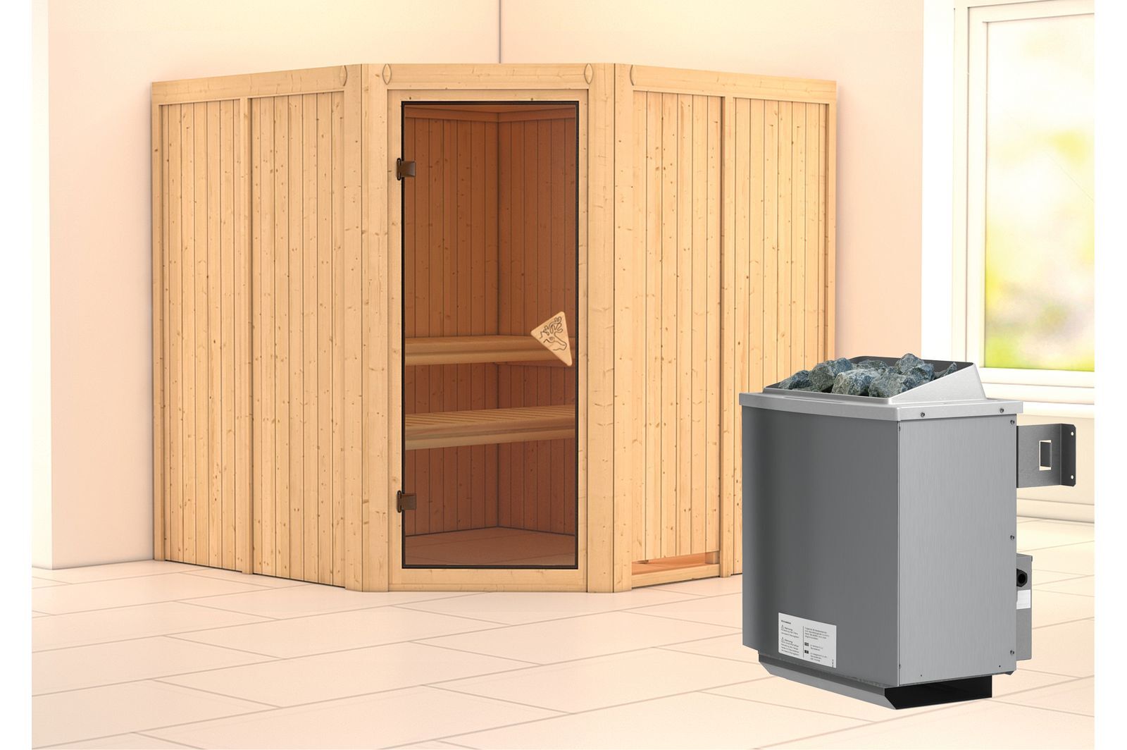 KARIBU Systemsauna Jarin, Fichtenholz 68mm, Eckeinstieg, ca. 3,4m²