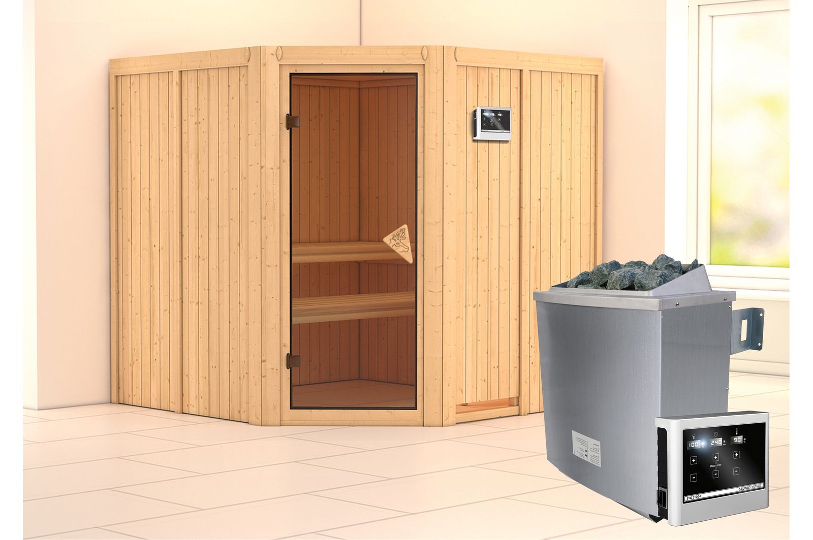 KARIBU Systemsauna Jarin, Fichtenholz 68mm, Eckeinstieg, ca. 3,4m²