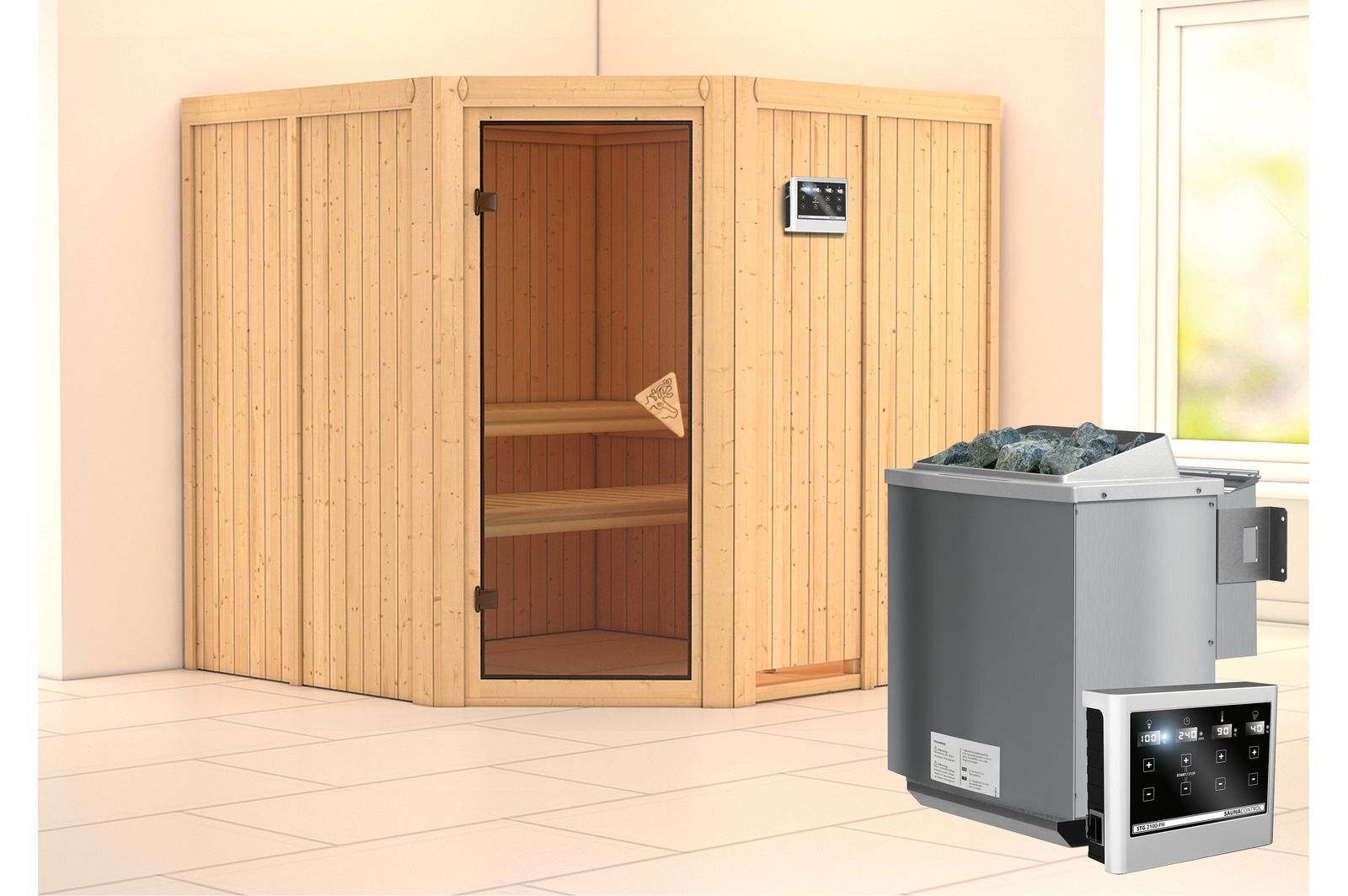 KARIBU Systemsauna Jarin, Fichtenholz 68mm, Eckeinstieg, ca. 3,4m²