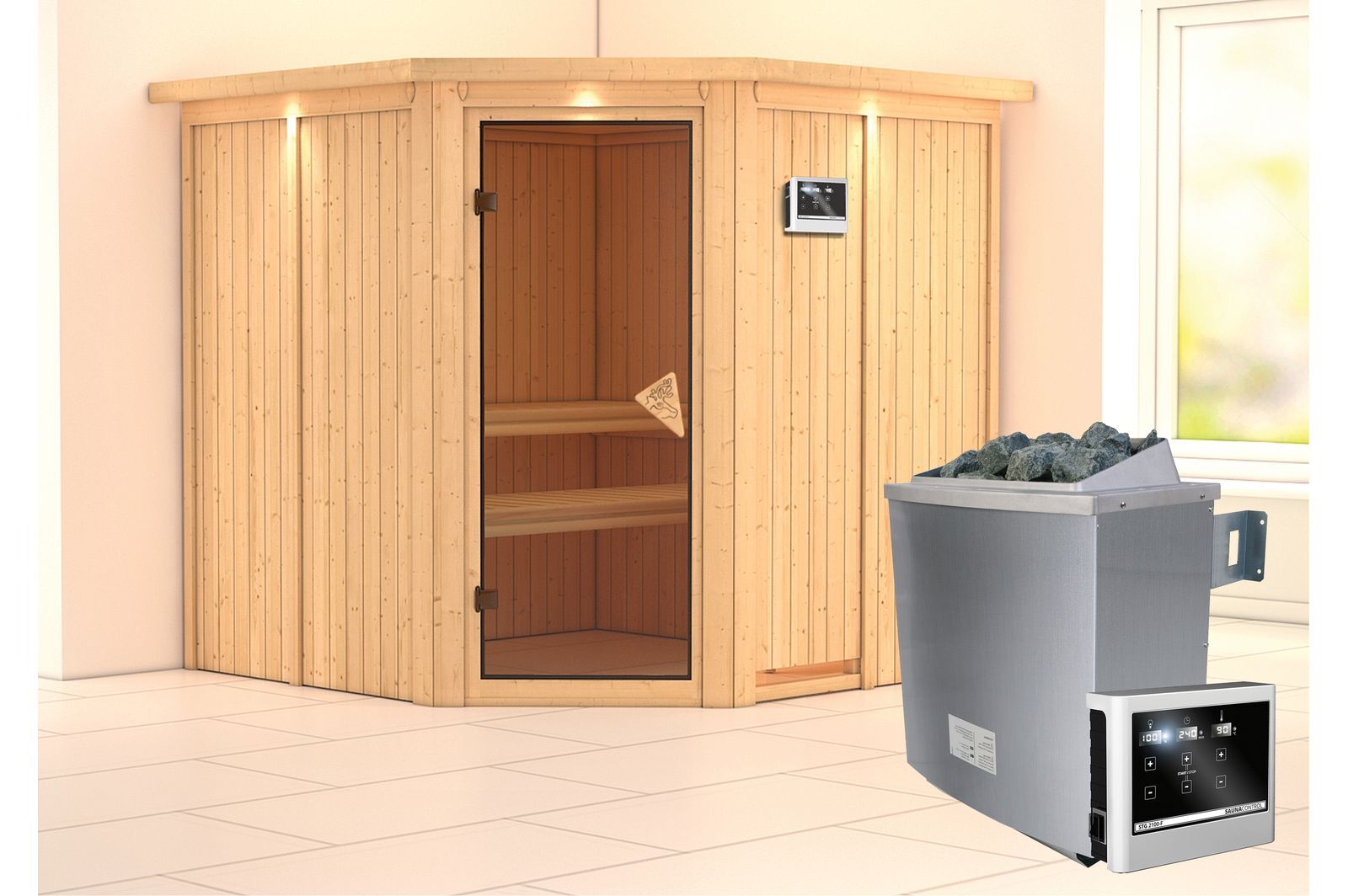 KARIBU Systemsauna Jarin, Fichtenholz 68mm, Eckeinstieg, ca. 3,4m²