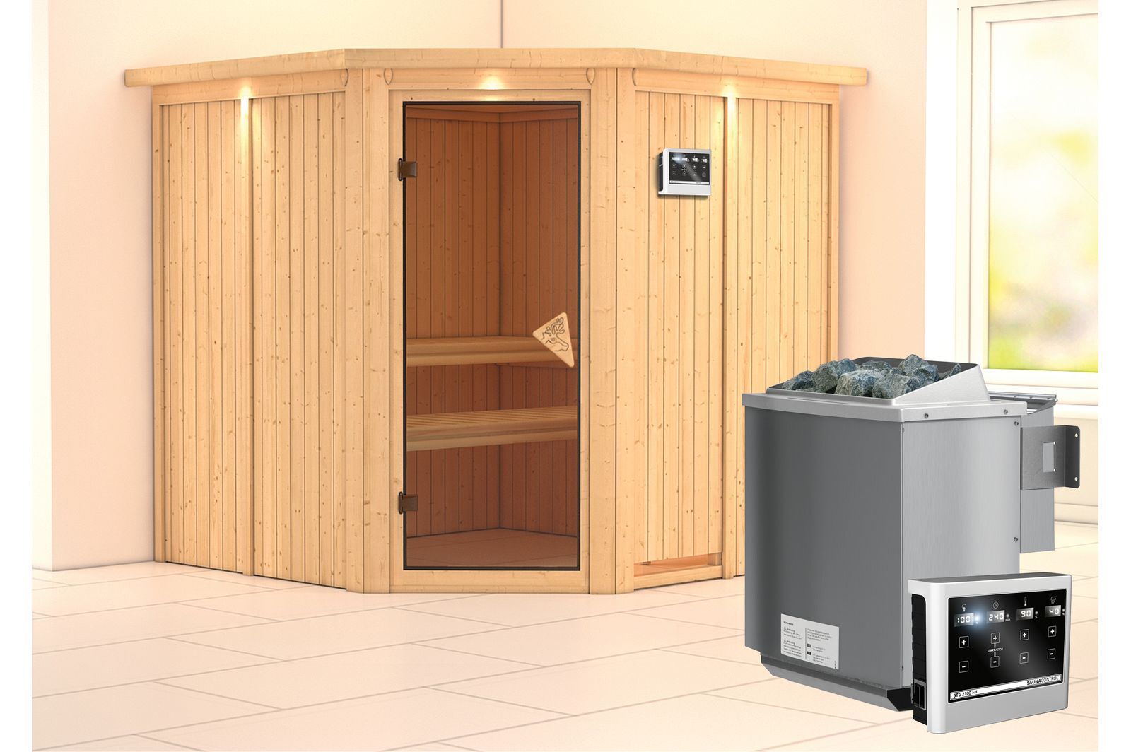 KARIBU Systemsauna Jarin, Fichtenholz 68mm, Eckeinstieg, ca. 3,4m²