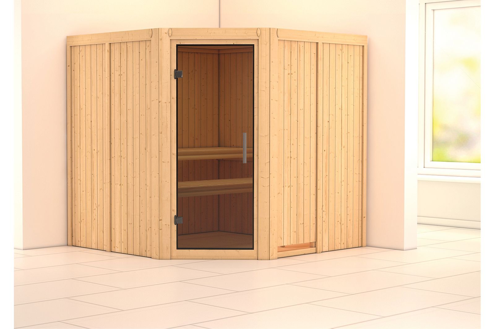 KARIBU Systemsauna Jarin, Fichtenholz 68mm, Eckeinstieg, ca. 3,4m²