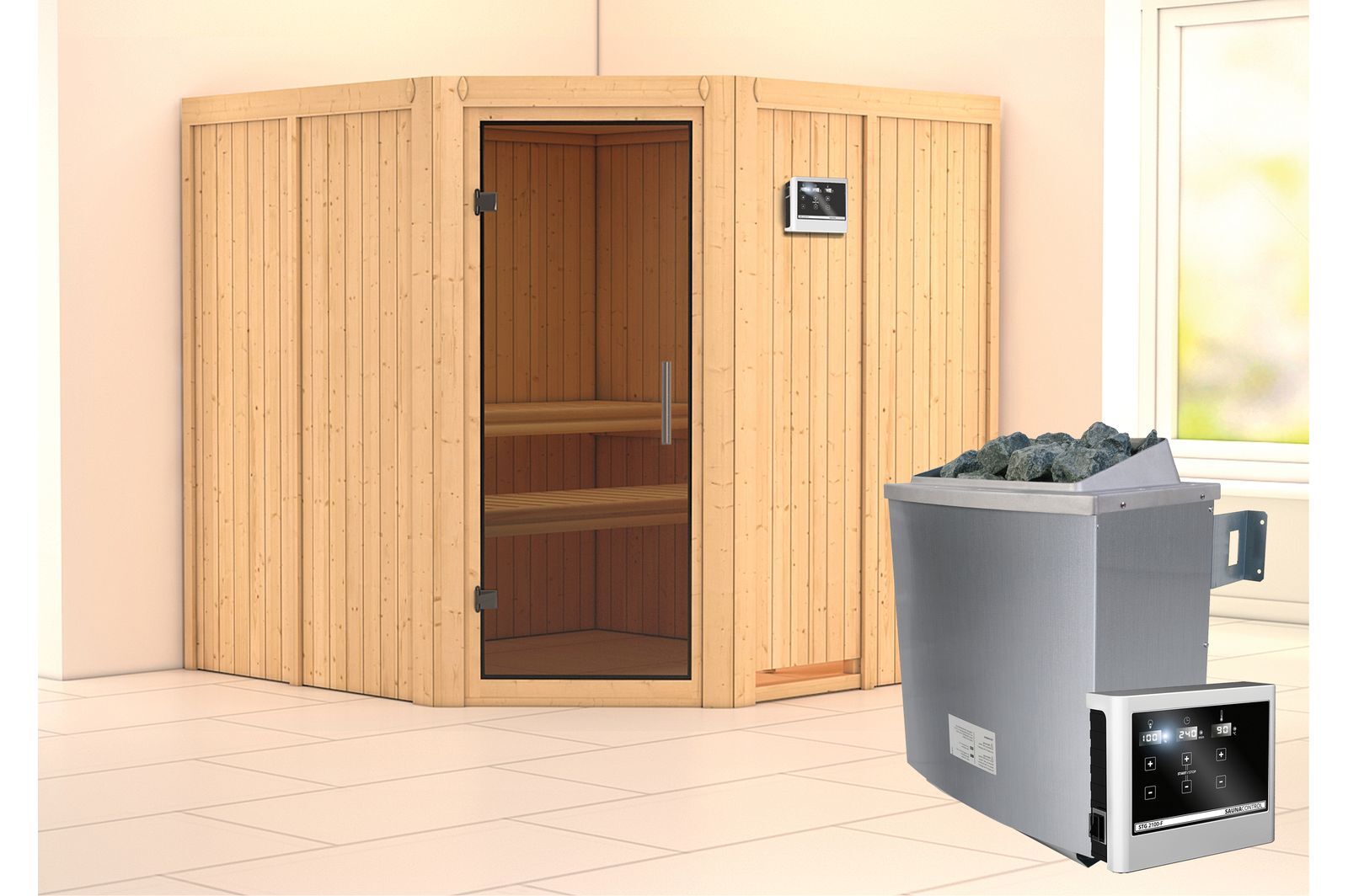 KARIBU Systemsauna Jarin, Fichtenholz 68mm, Eckeinstieg, ca. 3,4m²