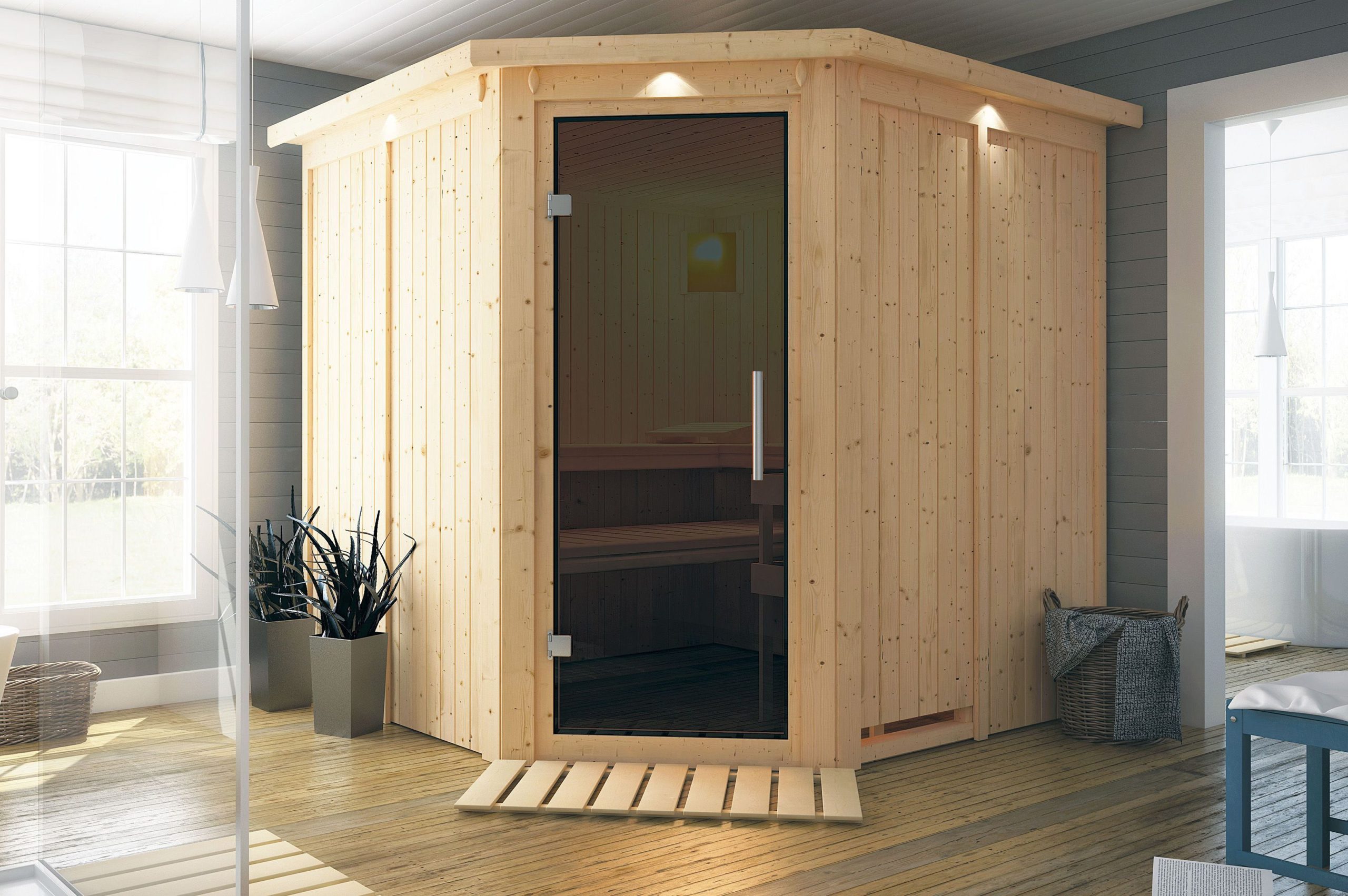 KARIBU Systemsauna Jarin, Fichtenholz 68mm, Eckeinstieg, ca. 3,4m²