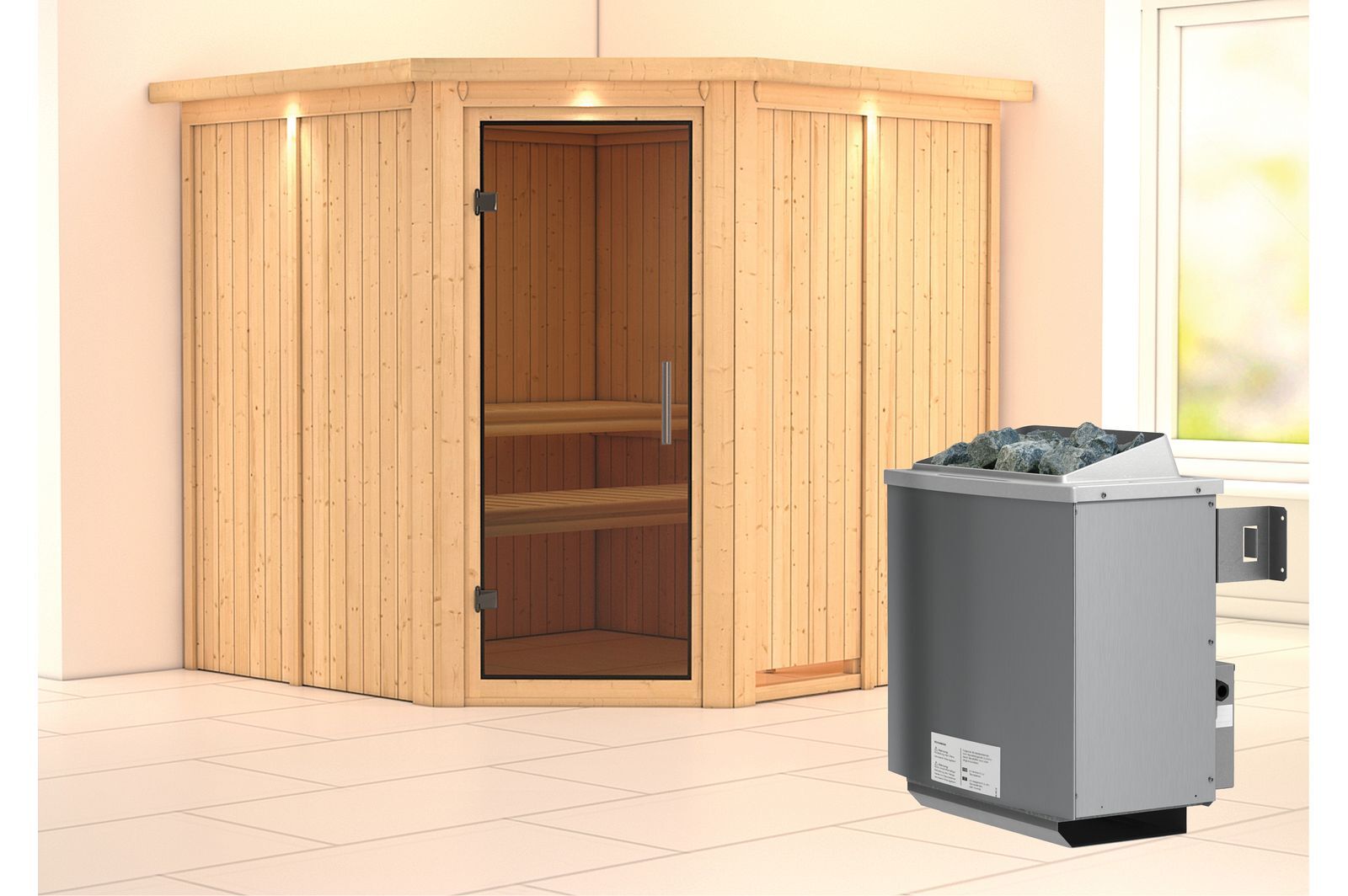 KARIBU Systemsauna Jarin, Fichtenholz 68mm, Eckeinstieg, ca. 3,4m²