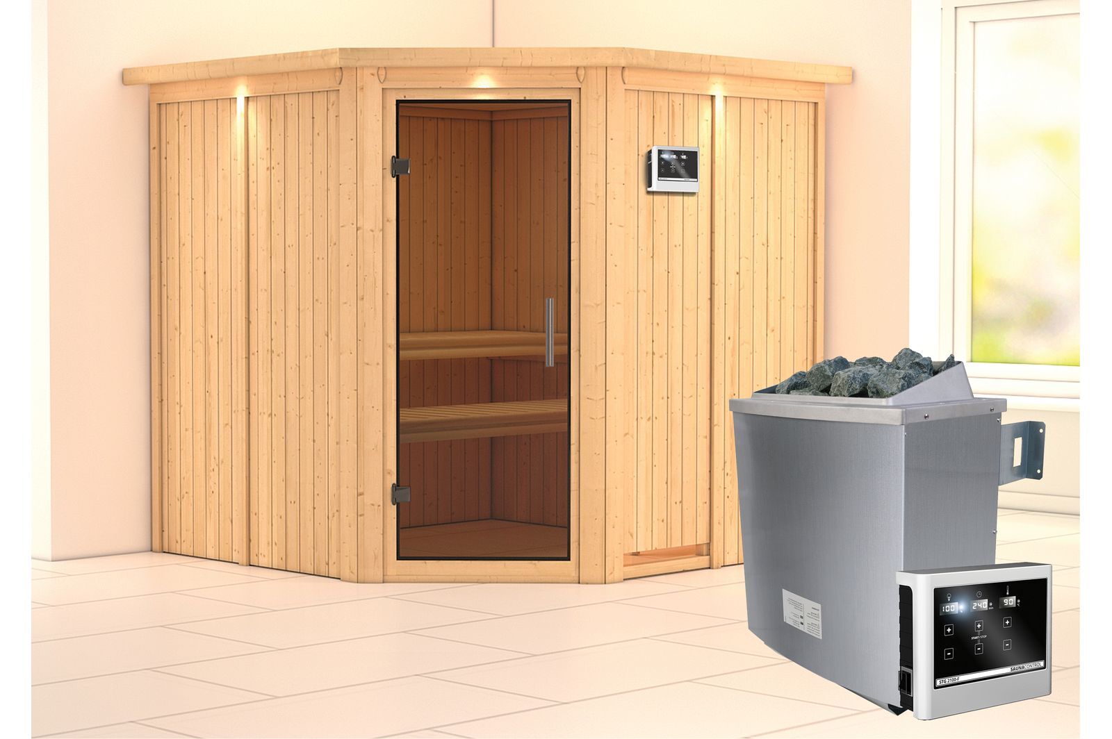 KARIBU Systemsauna Jarin, Fichtenholz 68mm, Eckeinstieg, ca. 3,4m²