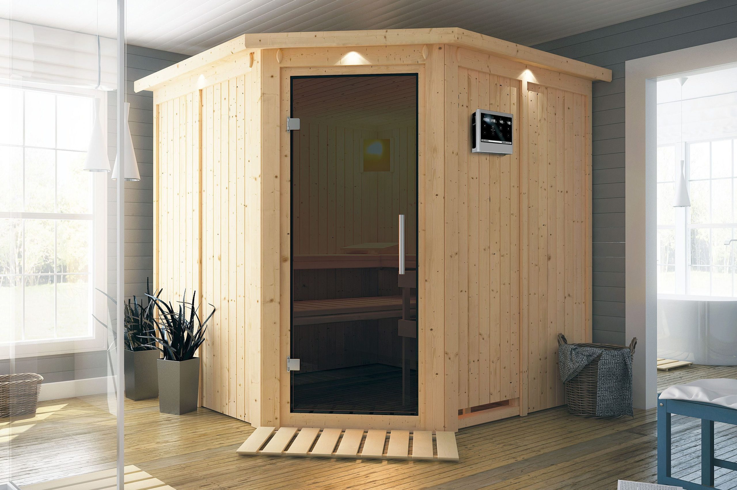 KARIBU Systemsauna Jarin, Fichtenholz 68mm, Eckeinstieg, ca. 3,4m²