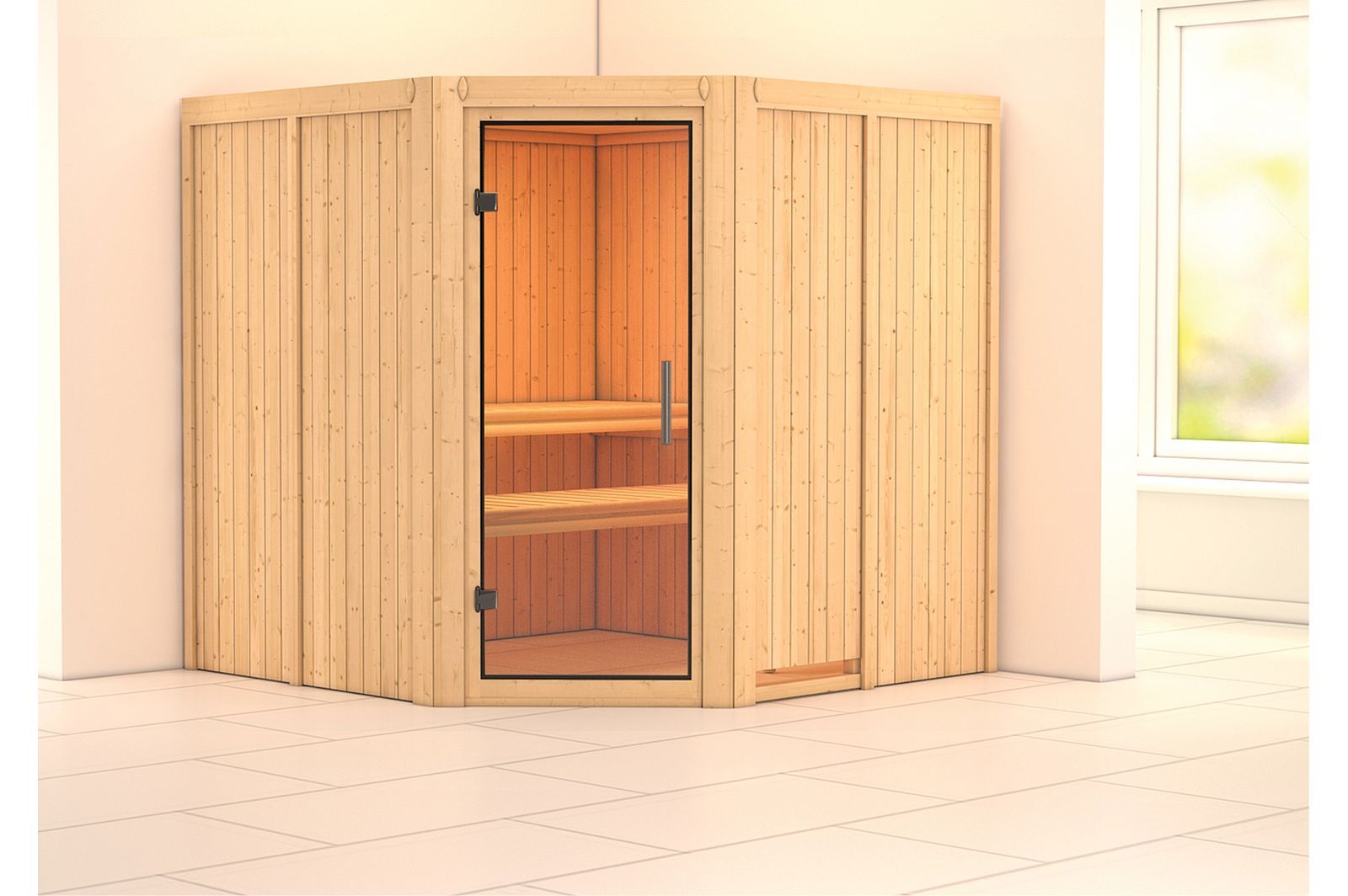 KARIBU Systemsauna Jarin, Fichtenholz 68mm, Eckeinstieg, ca. 3,4m²