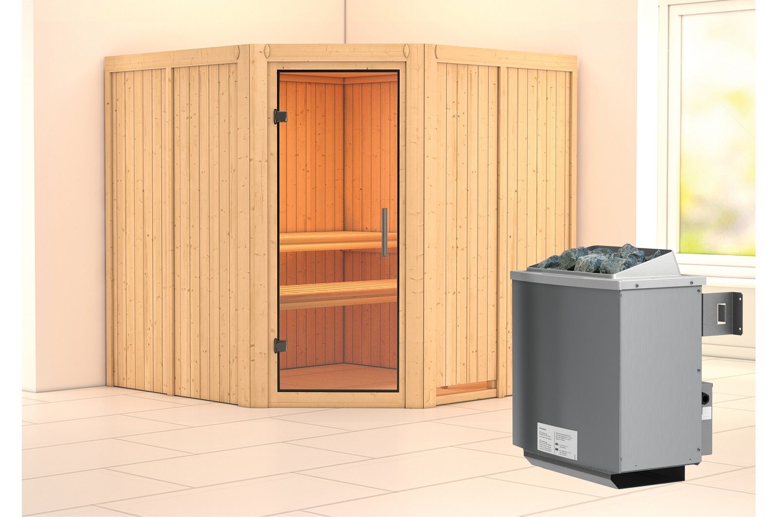 KARIBU Systemsauna Jarin, Fichtenholz 68mm, Eckeinstieg, ca. 3,4m²