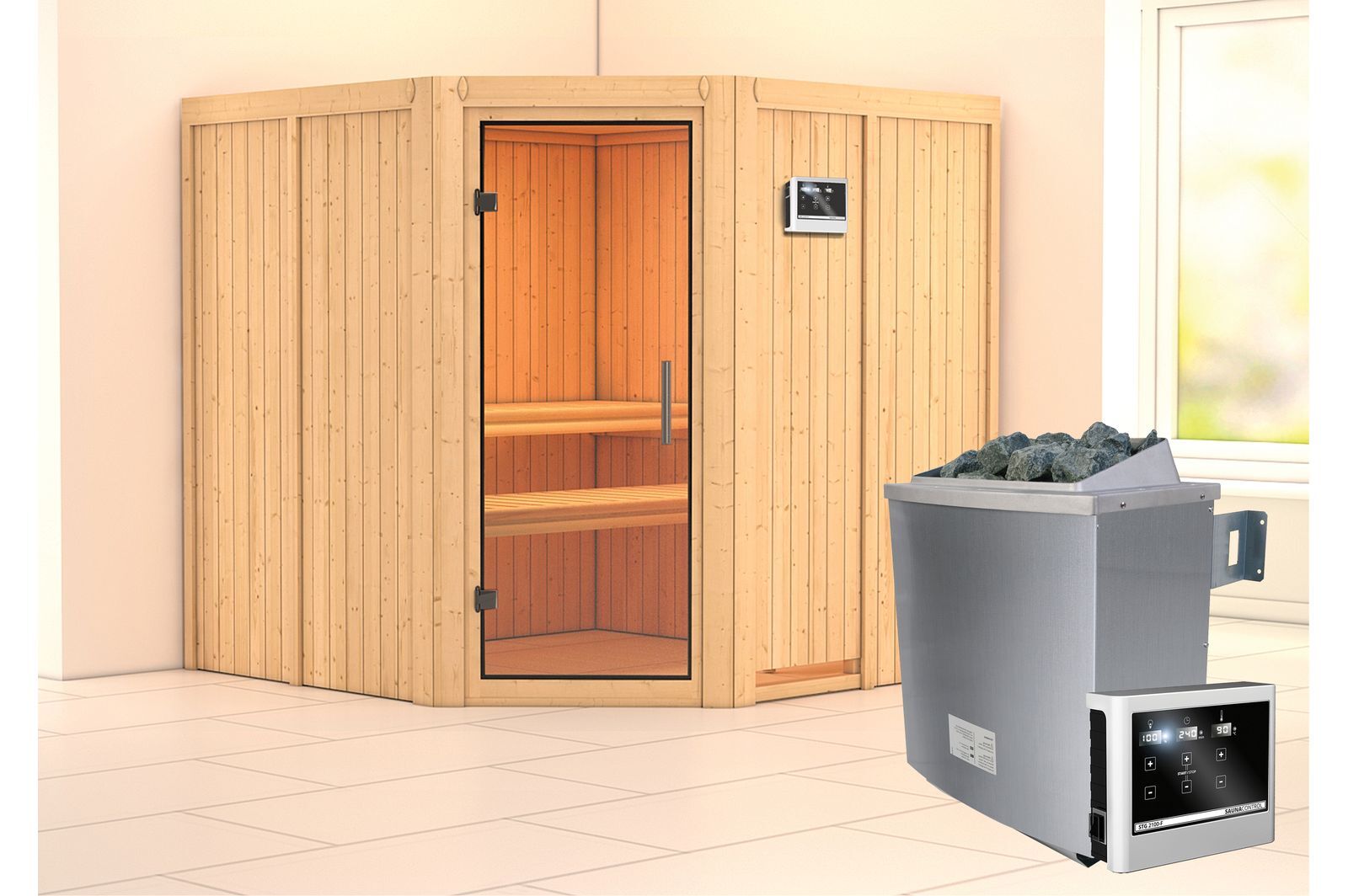 KARIBU Systemsauna Jarin, Fichtenholz 68mm, Eckeinstieg, ca. 3,4m²