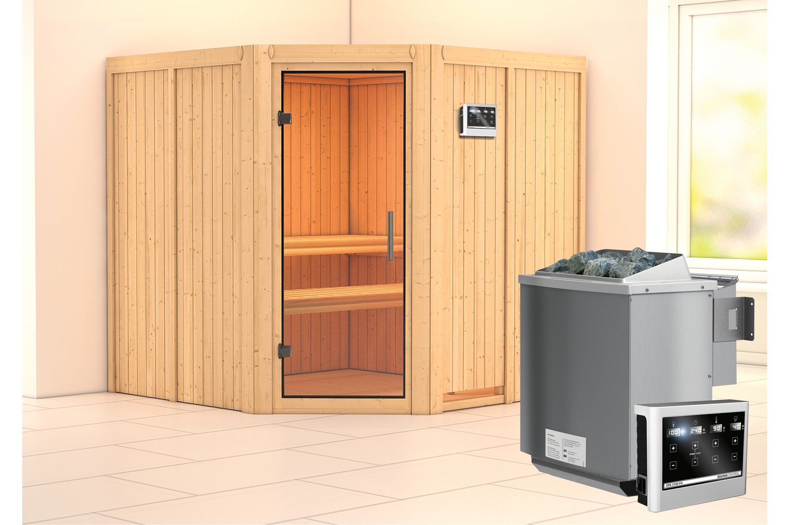 KARIBU Systemsauna Jarin, Fichtenholz 68mm, Eckeinstieg, ca. 3,4m²