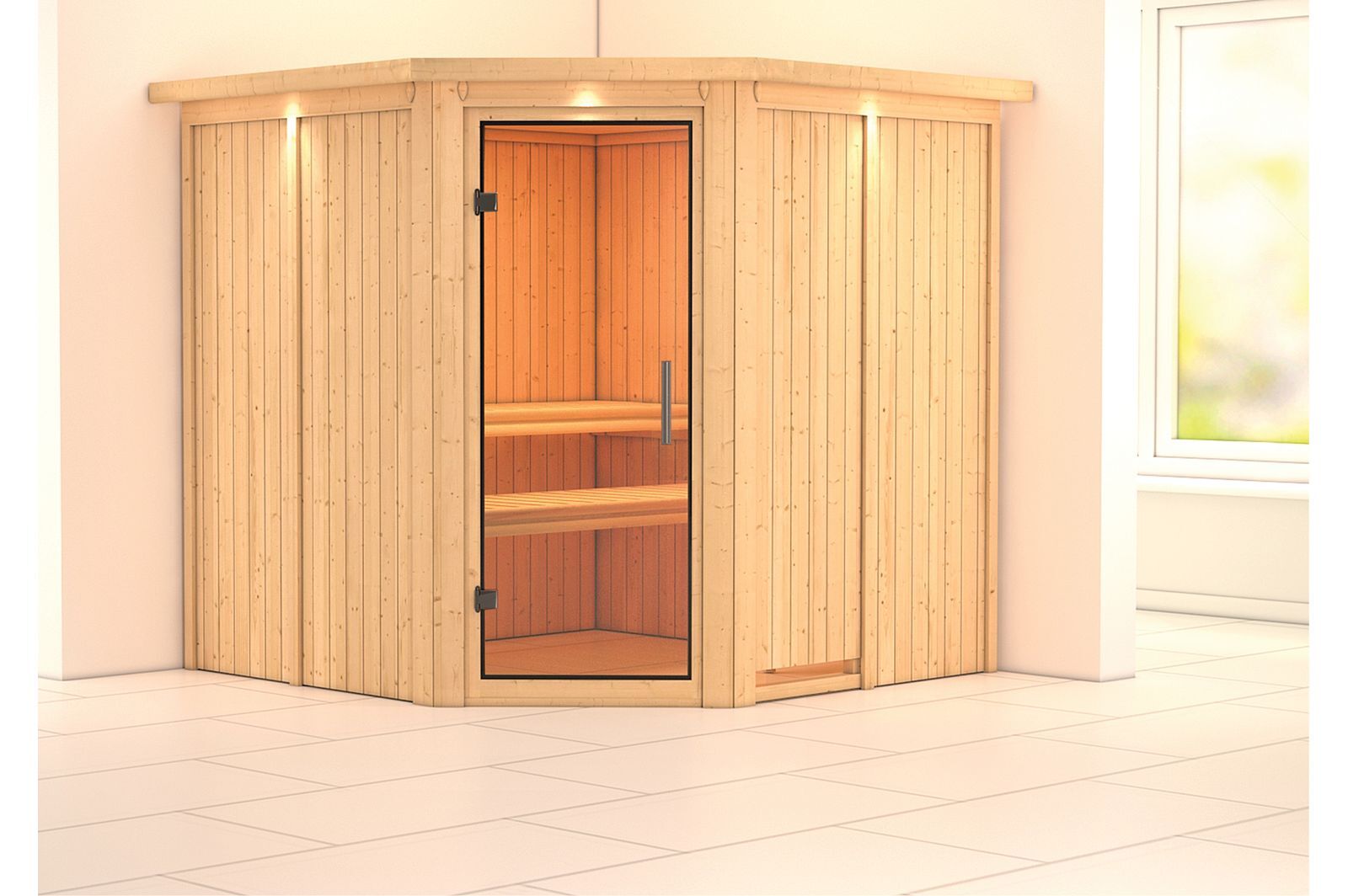 KARIBU Systemsauna Jarin, Fichtenholz 68mm, Eckeinstieg, ca. 3,4m²