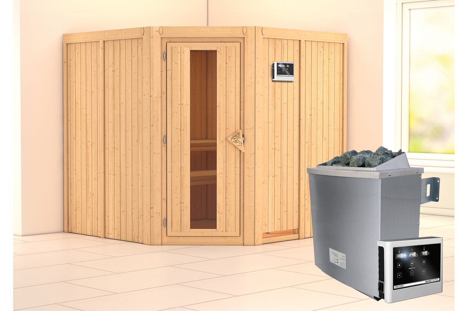 KARIBU Systemsauna Jarin, Fichtenholz 68mm, Eckeinstieg, ca. 3,4m²