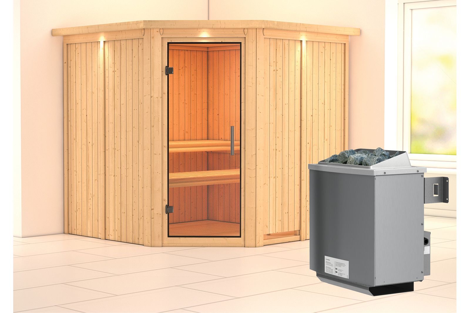 KARIBU Systemsauna Jarin, Fichtenholz 68mm, Eckeinstieg, ca. 3,4m²