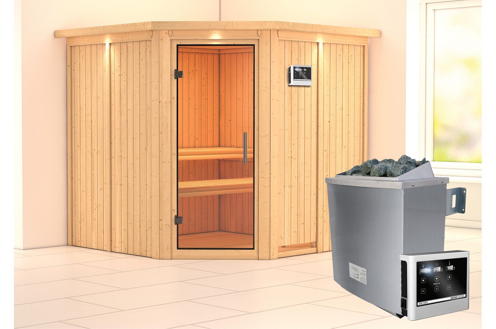 KARIBU Systemsauna Jarin, Fichtenholz 68mm, Eckeinstieg, ca. 3,4m²