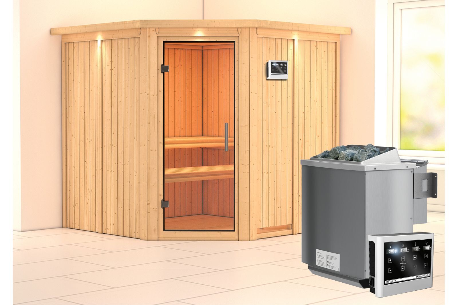 KARIBU Systemsauna Jarin, Fichtenholz 68mm, Eckeinstieg, ca. 3,4m²