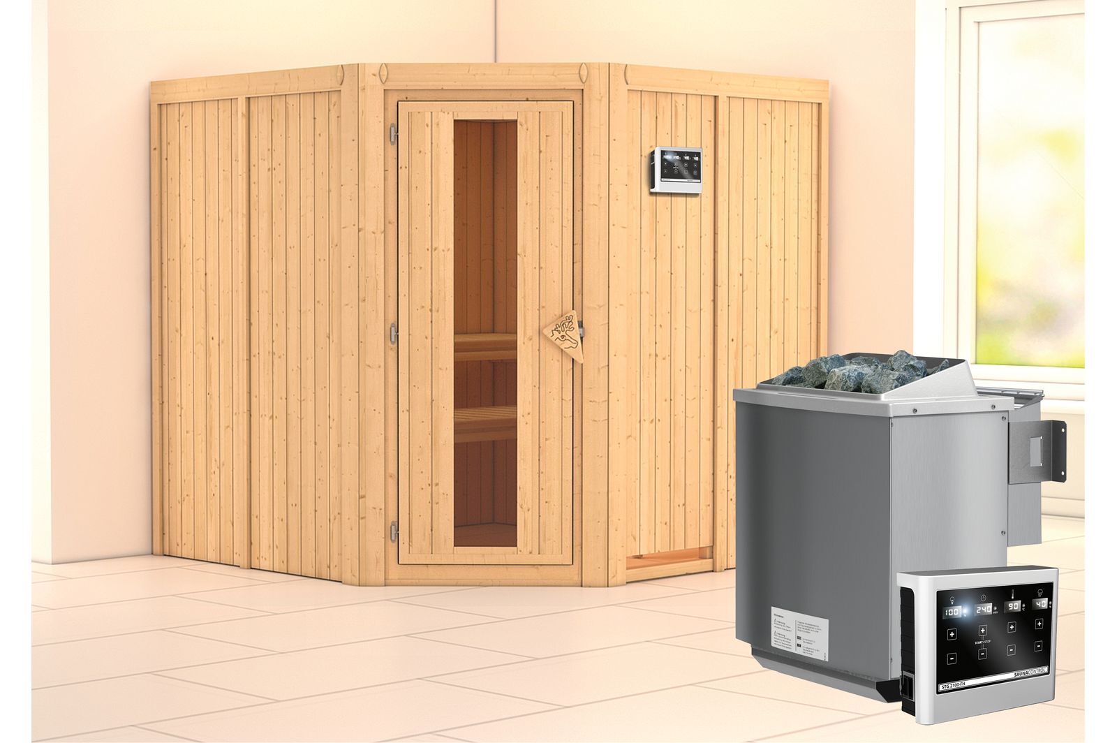 KARIBU Systemsauna Jarin, Fichtenholz 68mm, Eckeinstieg, ca. 3,4m²