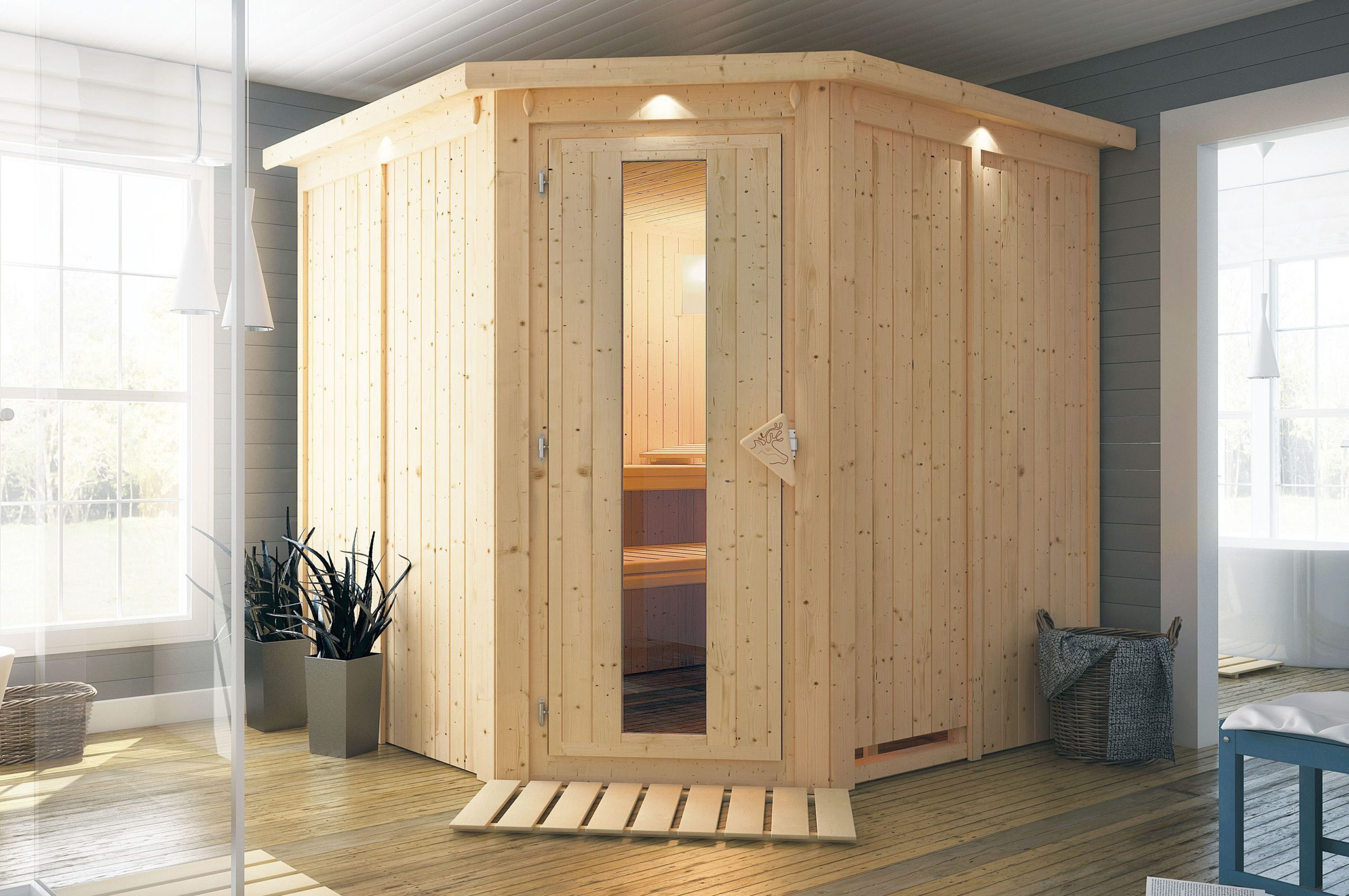 KARIBU Systemsauna Jarin, Fichtenholz 68mm, Eckeinstieg, ca. 3,4m²