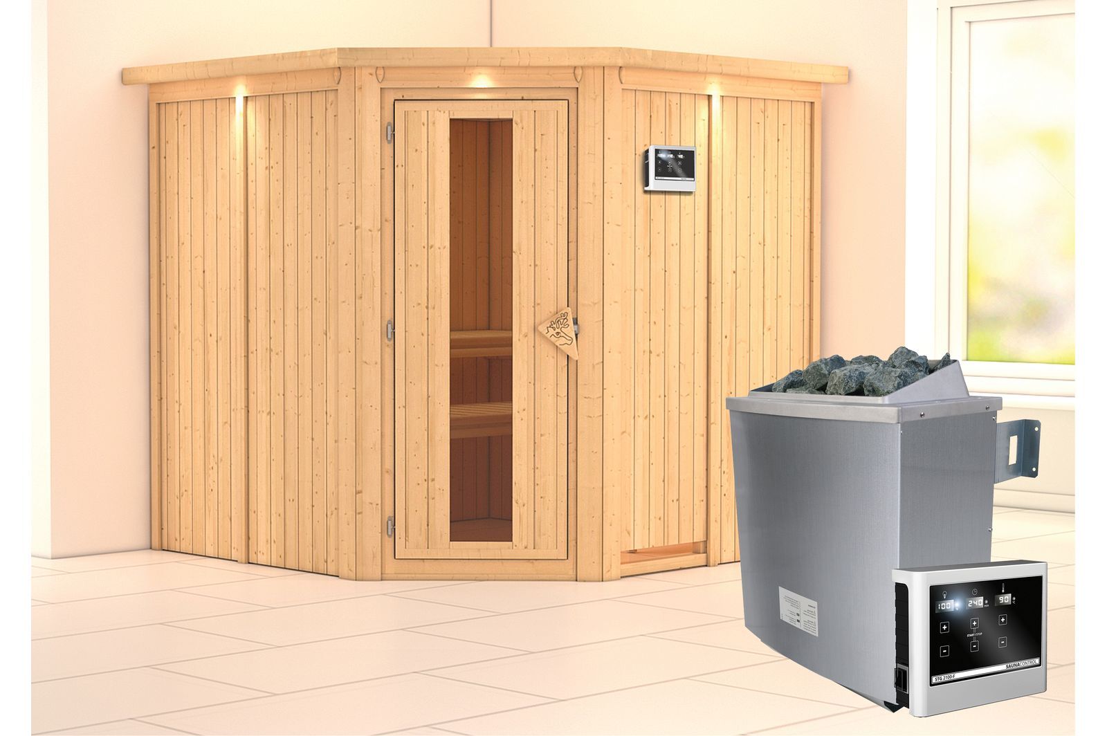 KARIBU Systemsauna Jarin, Fichtenholz 68mm, Eckeinstieg, ca. 3,4m²