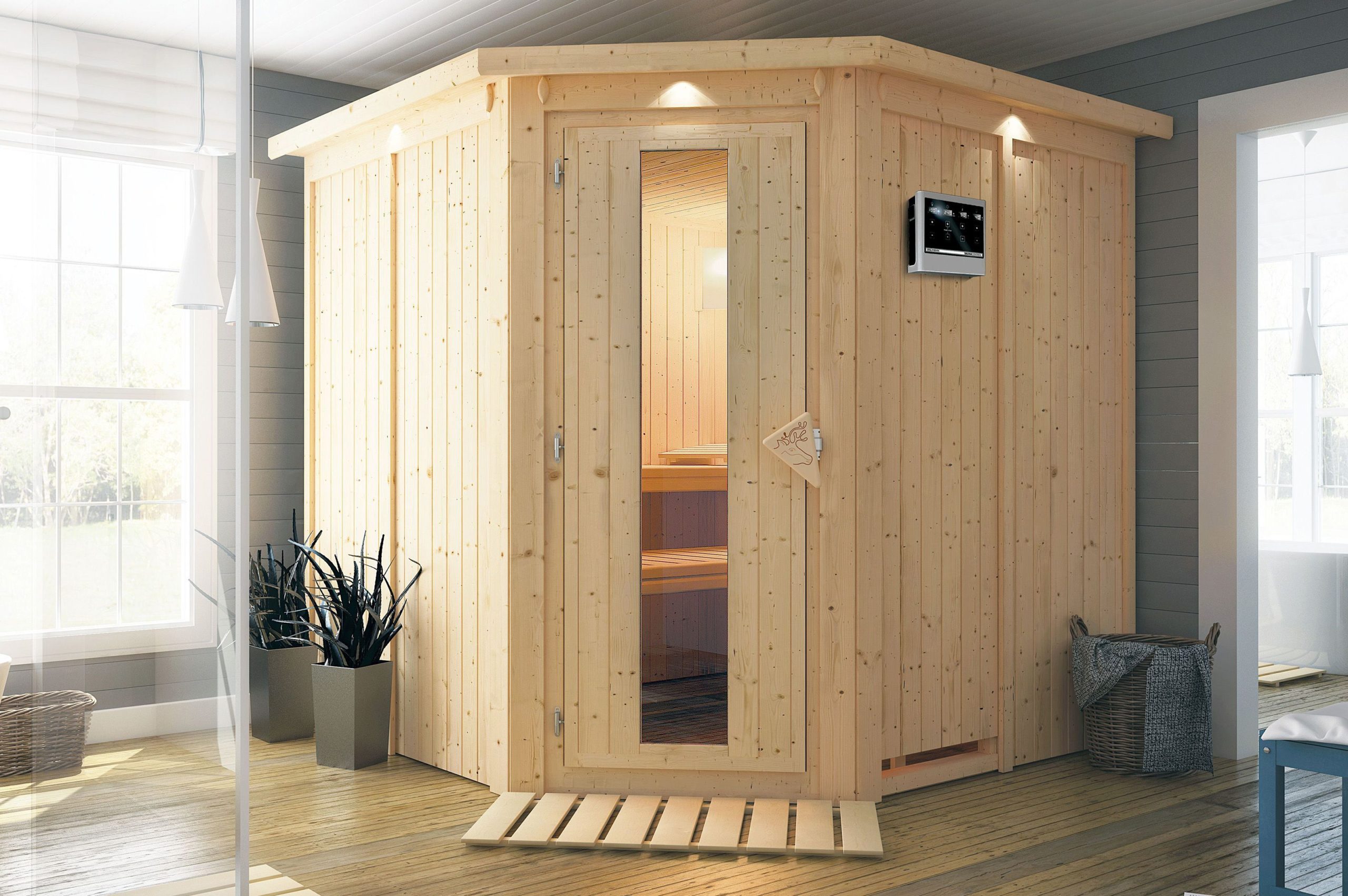 KARIBU Systemsauna Jarin, Fichtenholz 68mm, Eckeinstieg, ca. 3,4m²