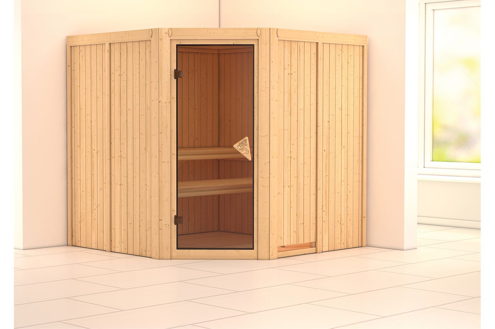 KARIBU Systemsauna Jarin, Fichtenholz 68mm, Eckeinstieg, ca. 3,4m²