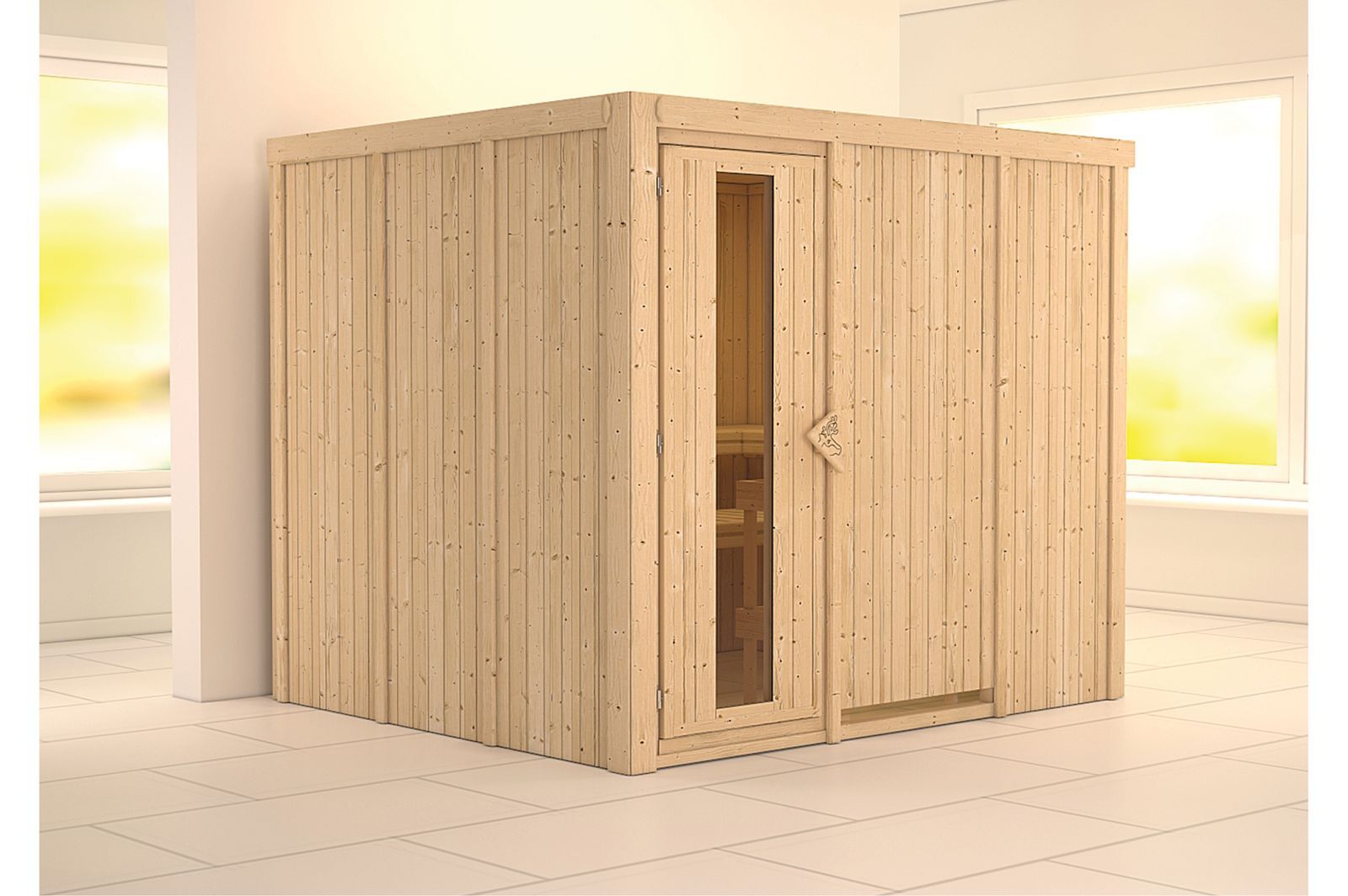 KARIBU Systemsauna Gobin, Fichtenholz 68mm, Fronteinstieg, ca. 4,5m²