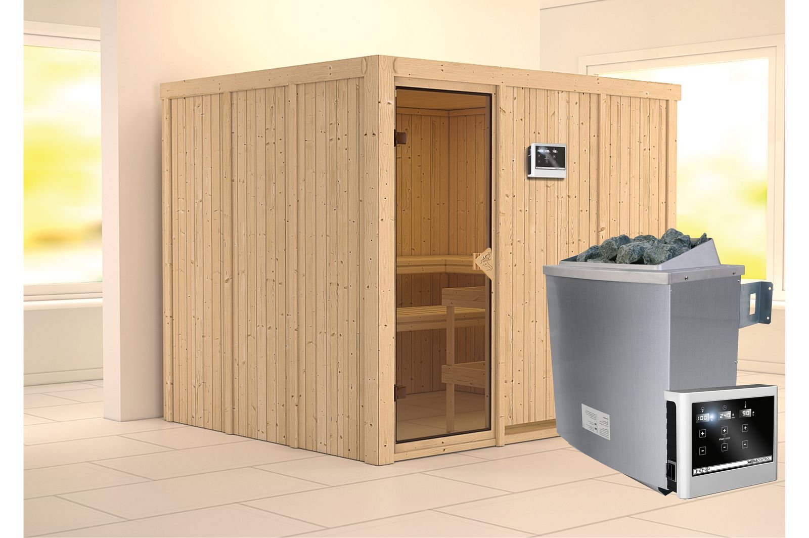 KARIBU Systemsauna Gobin, Fichtenholz 68mm, Fronteinstieg, ca. 4,5m²