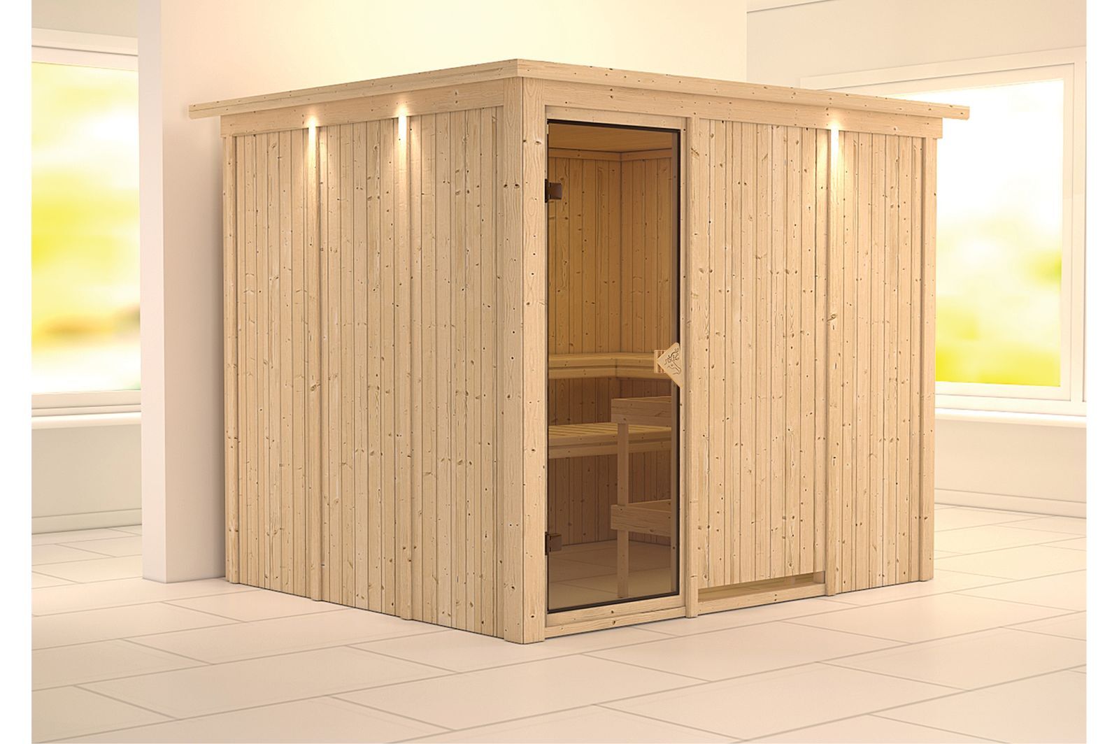 KARIBU Systemsauna Gobin, Fichtenholz 68mm, Fronteinstieg, ca. 4,5m²