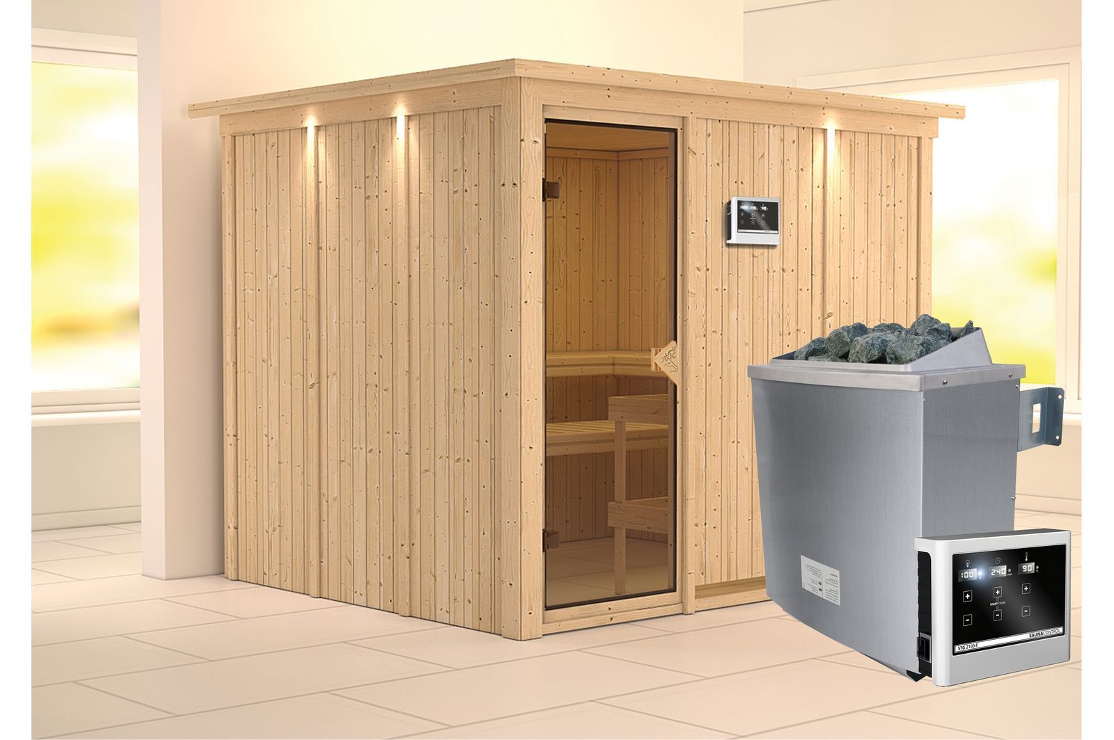 KARIBU Systemsauna Gobin, Fichtenholz 68mm, Fronteinstieg, ca. 4,5m²