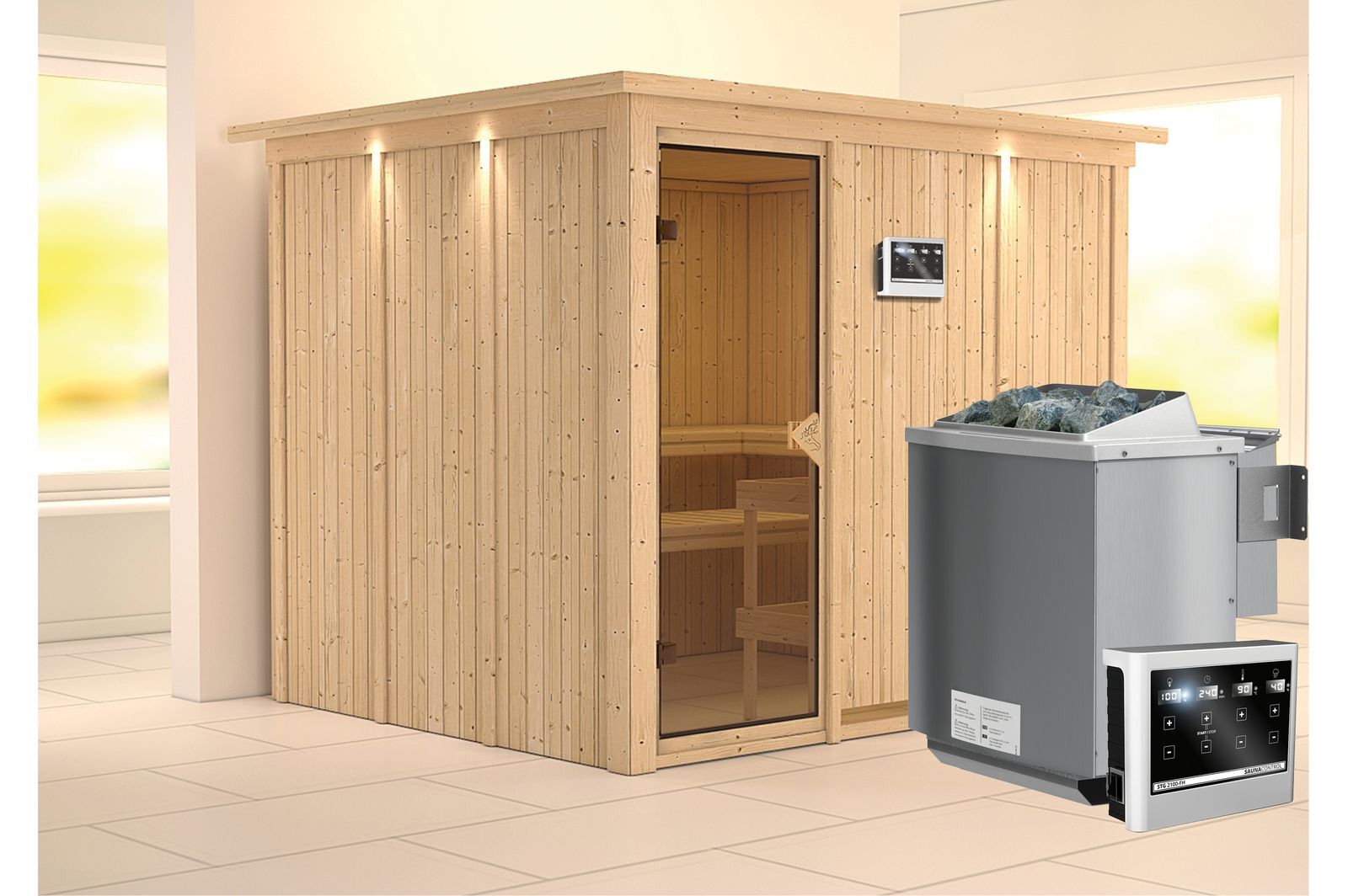 KARIBU Systemsauna Gobin, Fichtenholz 68mm, Fronteinstieg, ca. 4,5m²