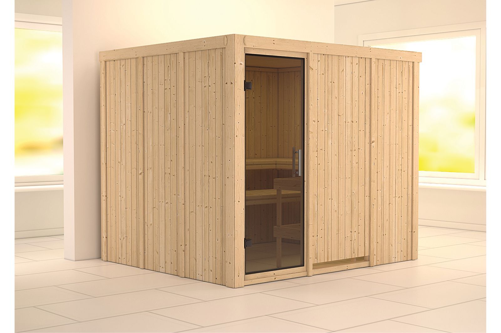 KARIBU Systemsauna Gobin, Fichtenholz 68mm, Fronteinstieg, ca. 4,5m²