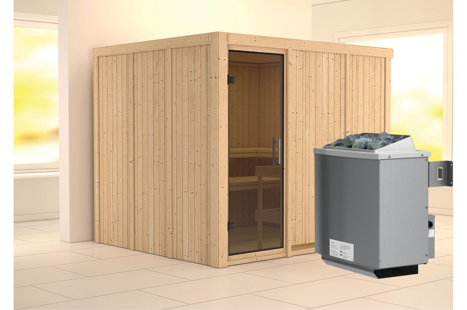 KARIBU Systemsauna Gobin, Fichtenholz 68mm, Fronteinstieg, ca. 4,5m²