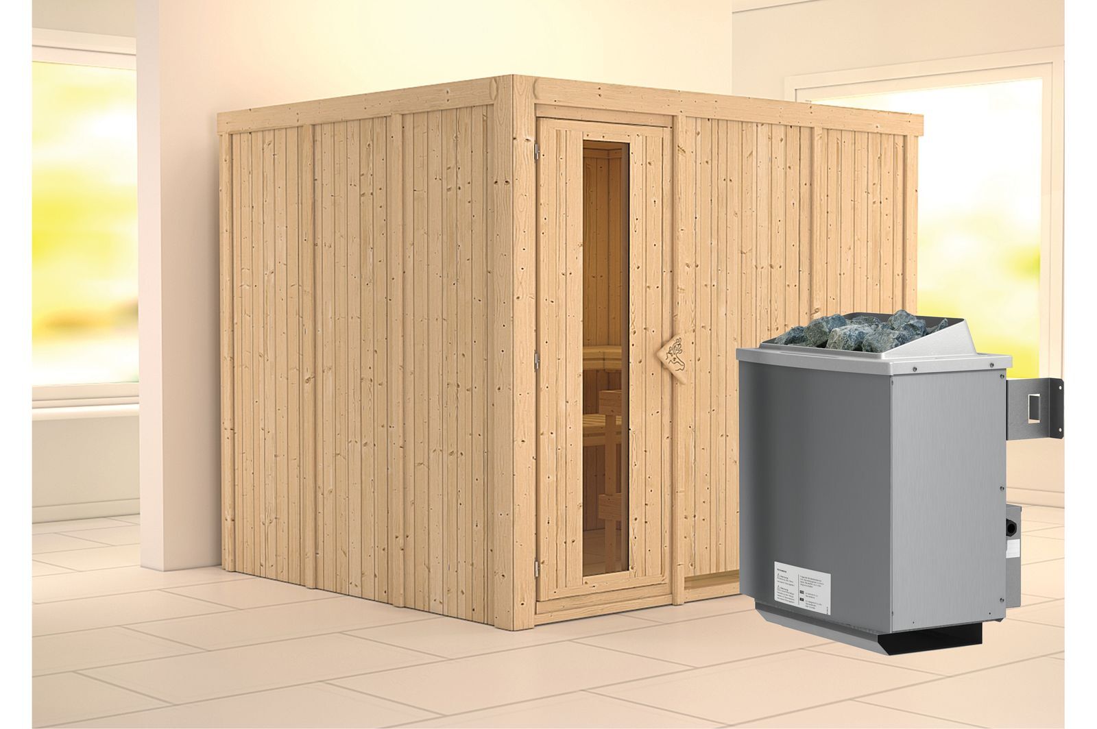 KARIBU Systemsauna Gobin, Fichtenholz 68mm, Fronteinstieg, ca. 4,5m²