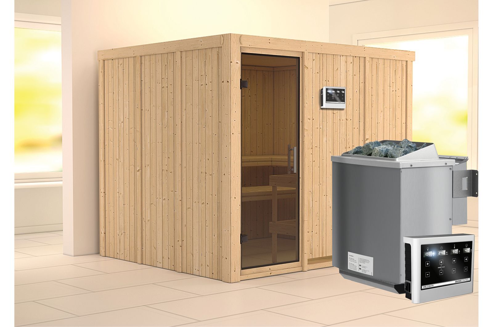 KARIBU Systemsauna Gobin, Fichtenholz 68mm, Fronteinstieg, ca. 4,5m²