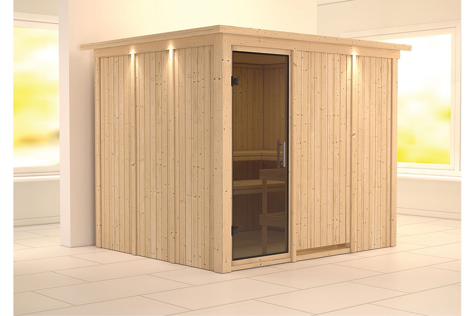 KARIBU Systemsauna Gobin, Fichtenholz 68mm, Fronteinstieg, ca. 4,5m²