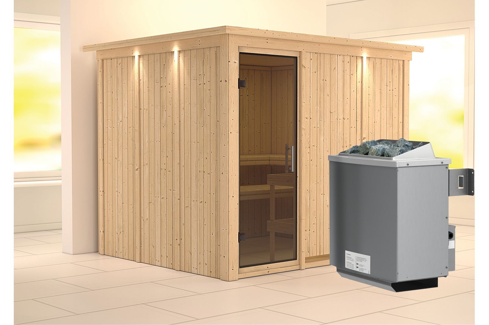 KARIBU Systemsauna Gobin, Fichtenholz 68mm, Fronteinstieg, ca. 4,5m²