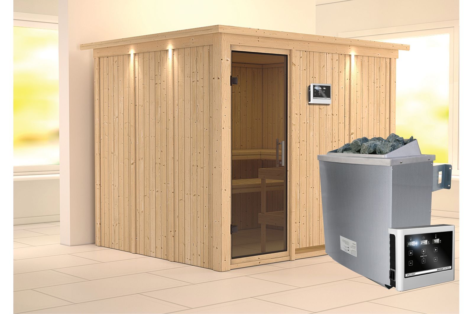 KARIBU Systemsauna Gobin, Fichtenholz 68mm, Fronteinstieg, ca. 4,5m²