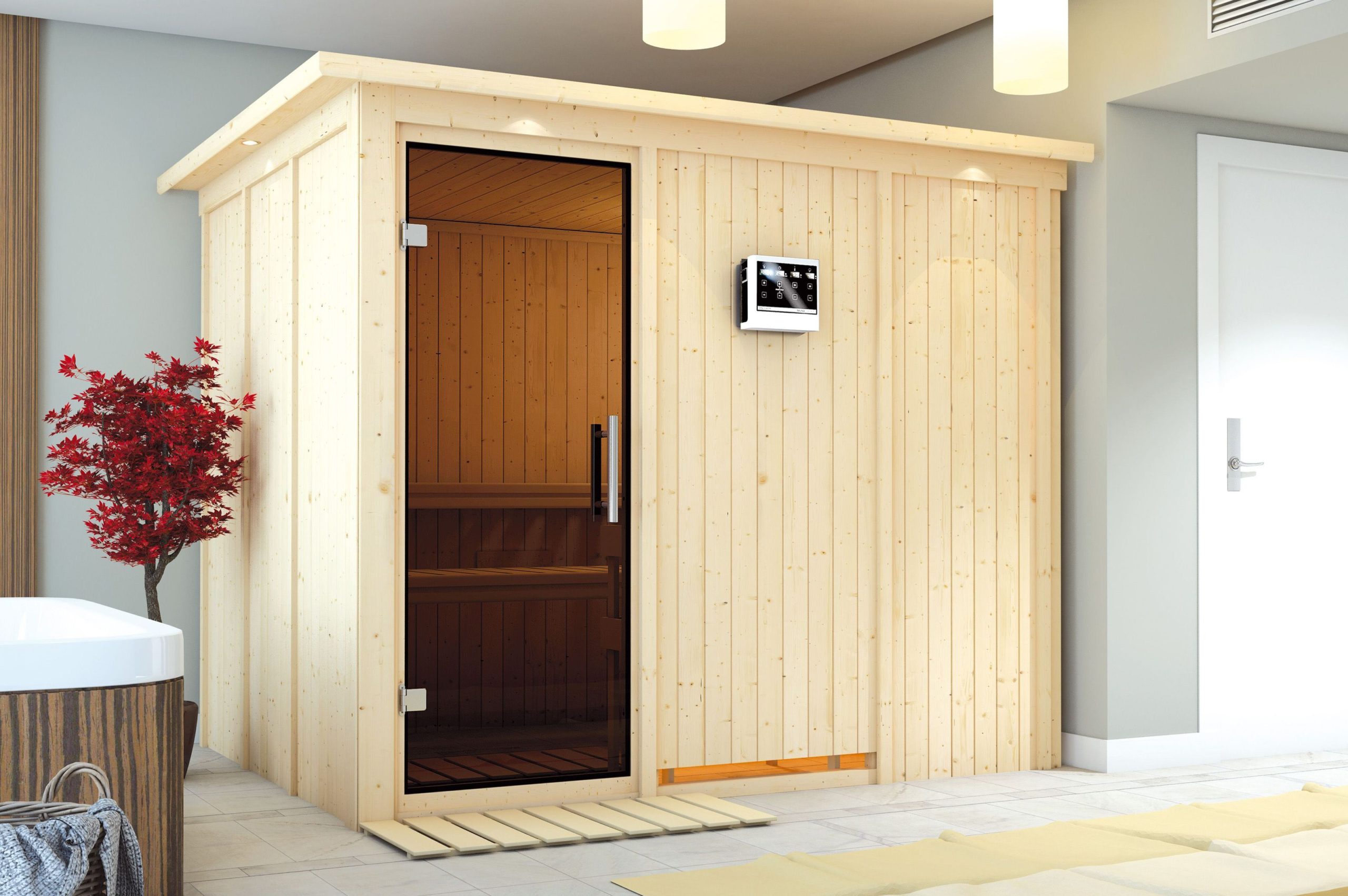 KARIBU Systemsauna Gobin, Fichtenholz 68mm, Fronteinstieg, ca. 4,5m²