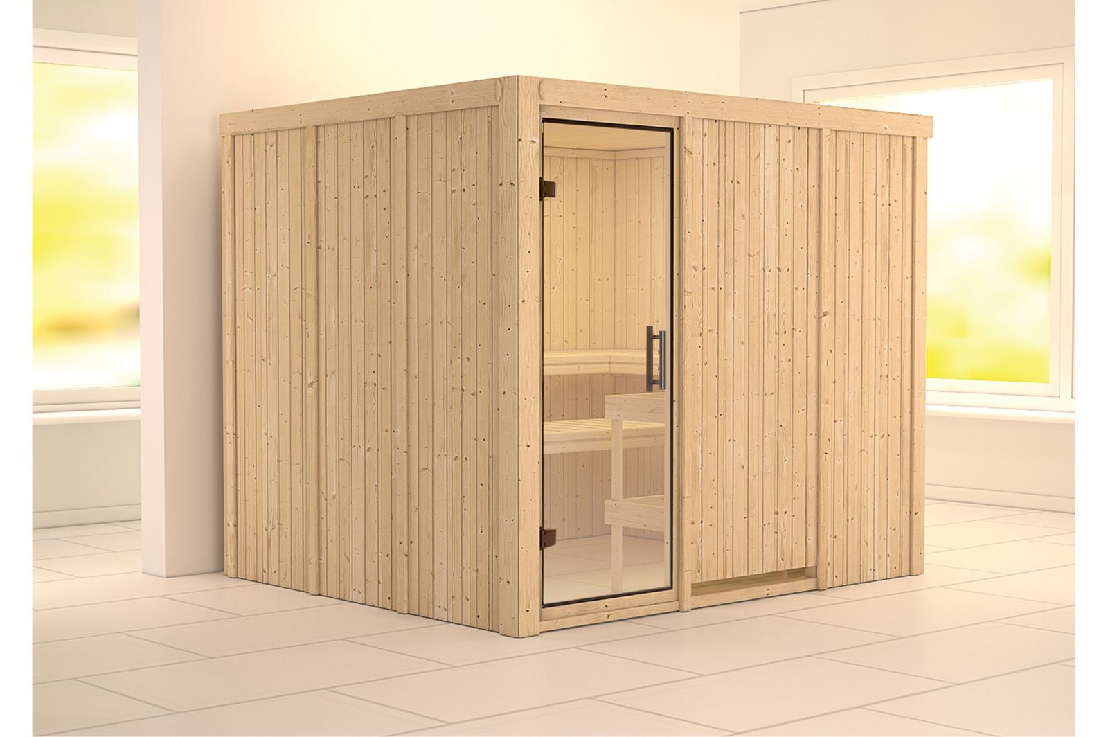 KARIBU Systemsauna Gobin, Fichtenholz 68mm, Fronteinstieg, ca. 4,5m²