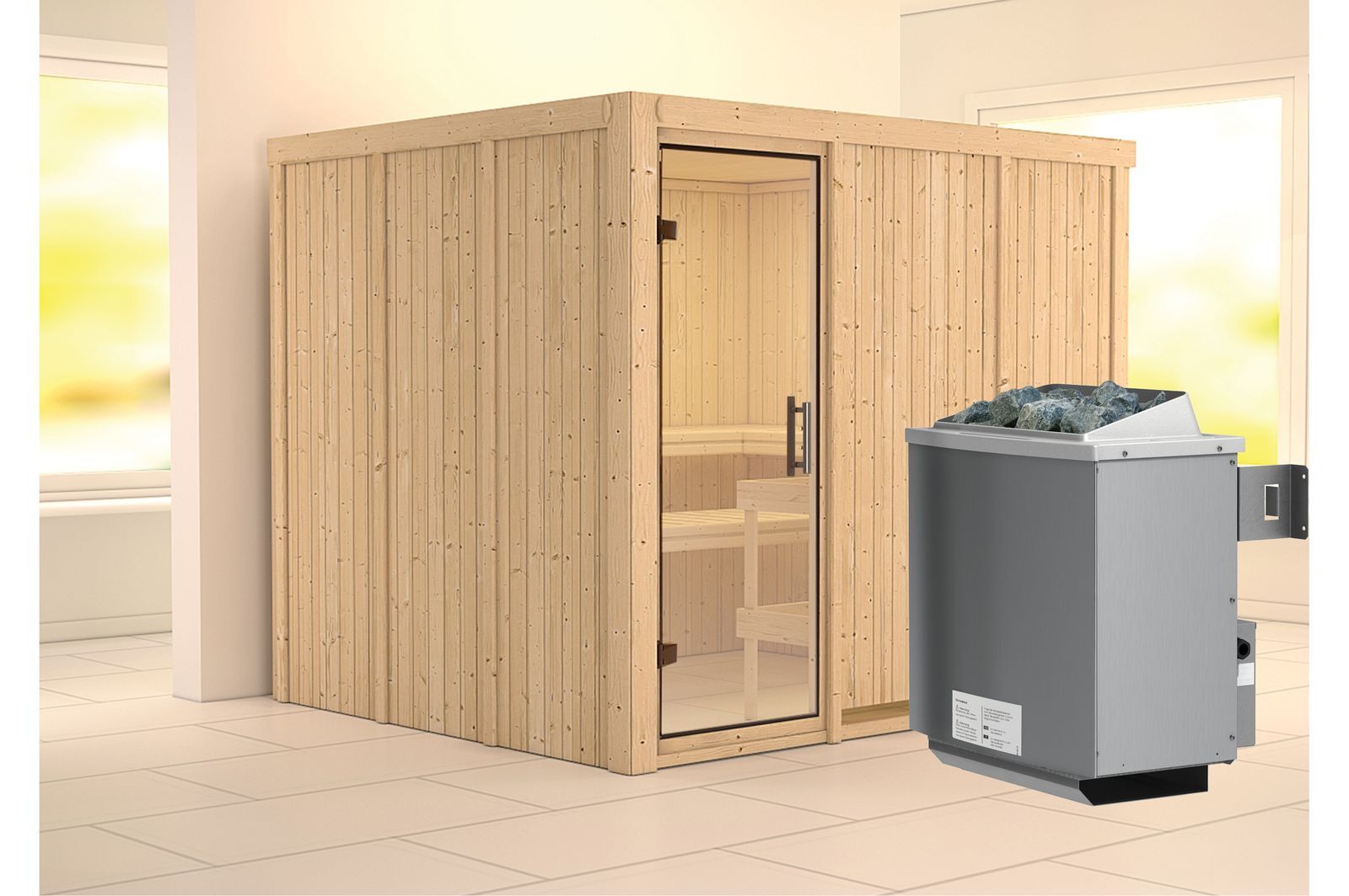 KARIBU Systemsauna Gobin, Fichtenholz 68mm, Fronteinstieg, ca. 4,5m²