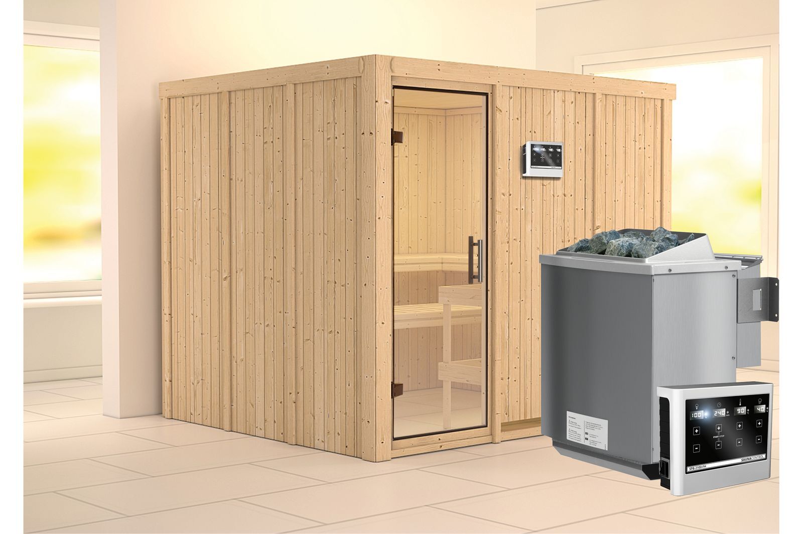 KARIBU Systemsauna Gobin, Fichtenholz 68mm, Fronteinstieg, ca. 4,5m²